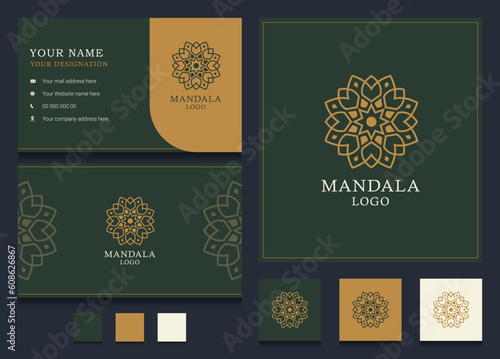 luxury Mandala art logo design and business card. good use for beauty, spa, yoga, salon, decoration and fashion logo