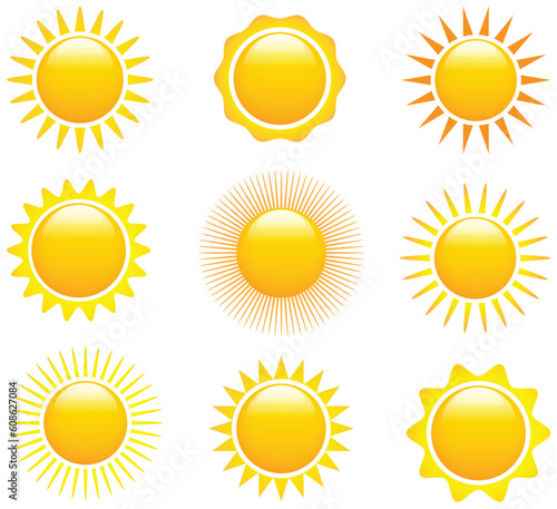 Set of glossy sun images. Vector illustration