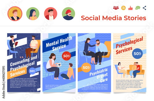 Mental health service counseling psychological help sale social media stories set vector
