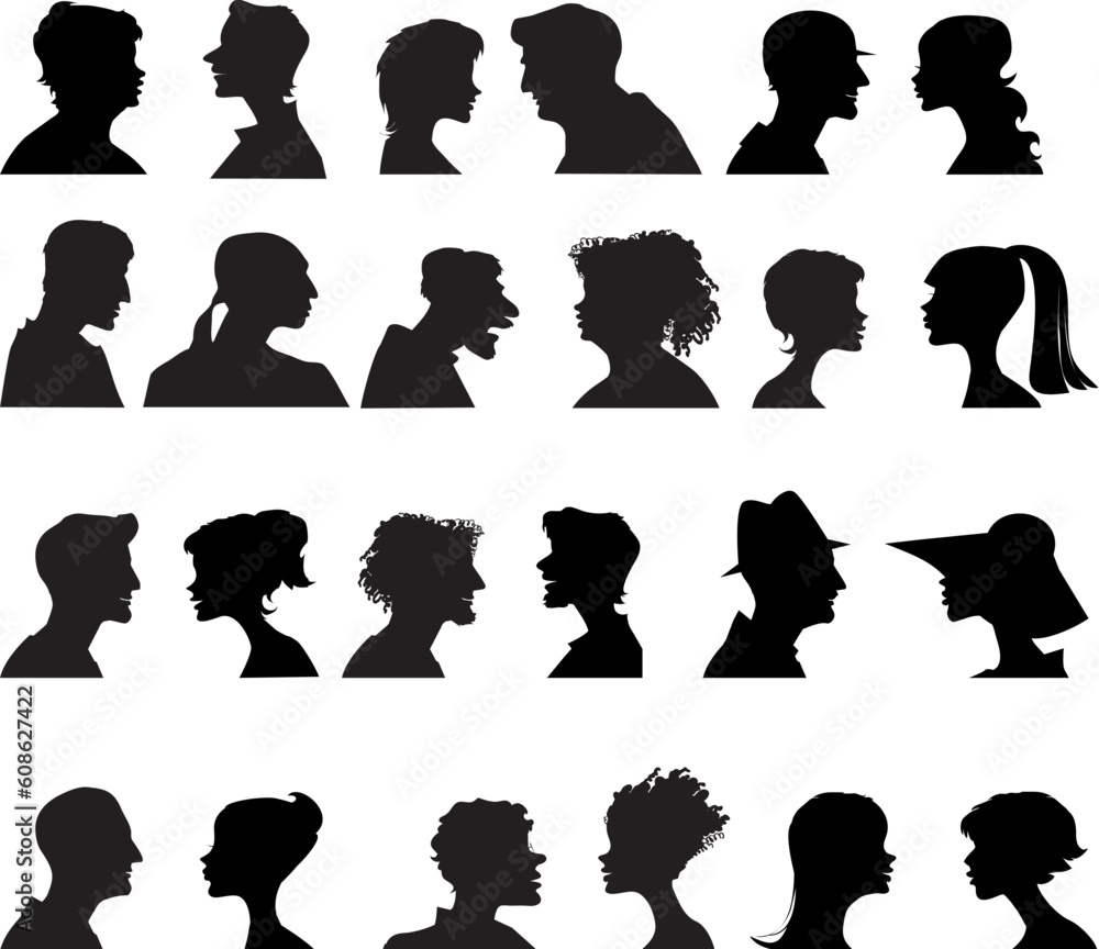 Ten women and ten men faces profiles