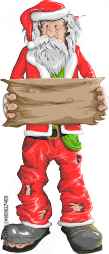 Homeless Santa Claus with an empty plate in his hand. Vector illustration.