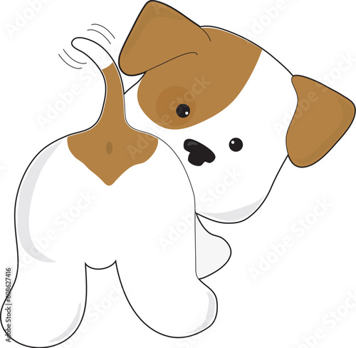 A cute brown and white puppy with a view from behind, as the puppy looks back towards the viewer.