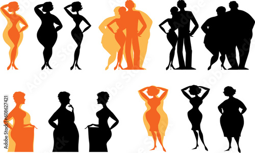 Silhouettes of people changed before after diet