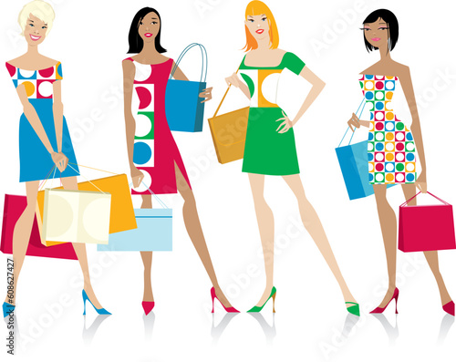 Four girls with shopping bags, each of them can be used separetely
