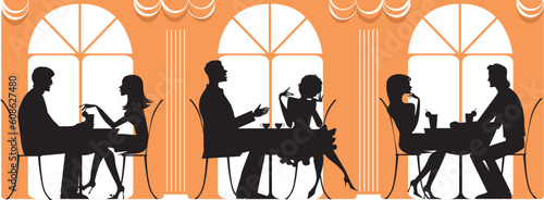 Silhouettes of three couples dinnig at restaurant