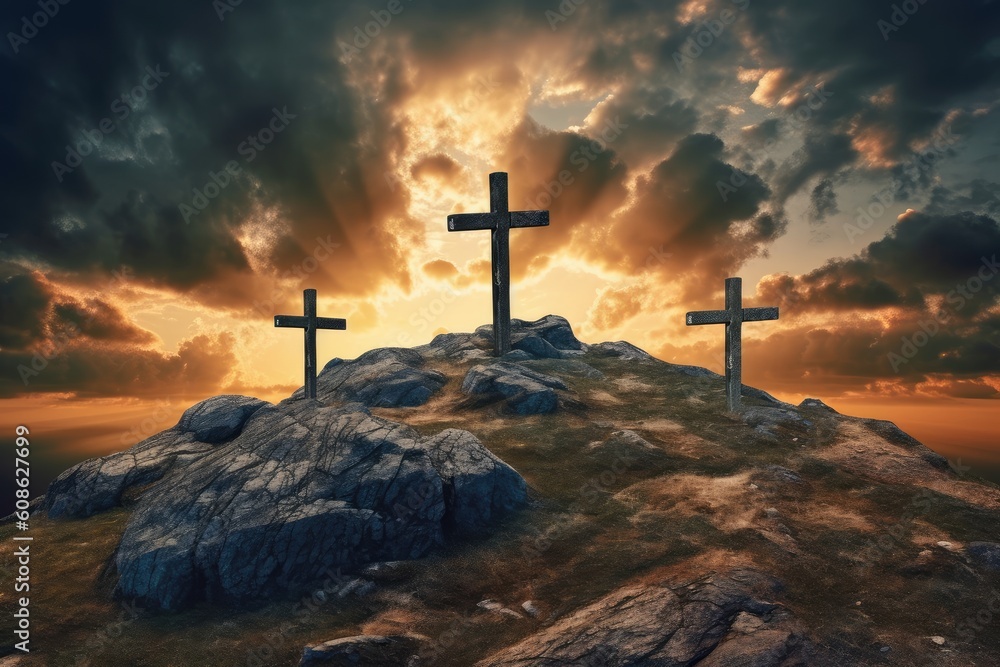 Three wooden crosses on hill at sunset background. Death and resurrection of Jesus Christ. Easter concept. Generative AI Three wooden crosses on hill at sunset background. Death and resurrection of Jesus Christ. Easter concept. Generative AI