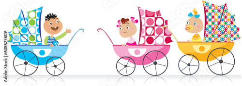 Three babies in the baby strollers