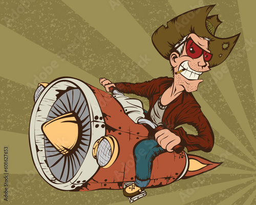 Biker-cowboy on a motorcycle turbo rocket. The background vector image