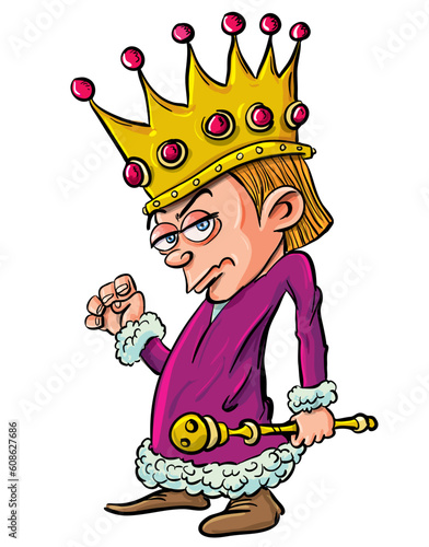 Cartoon of evil looking child king holding a scepter.Isolated