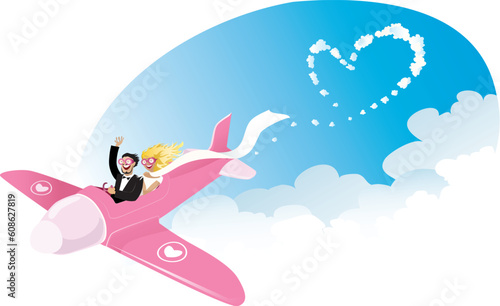 Vector cartoon of a happy newlyweds on pink airplane