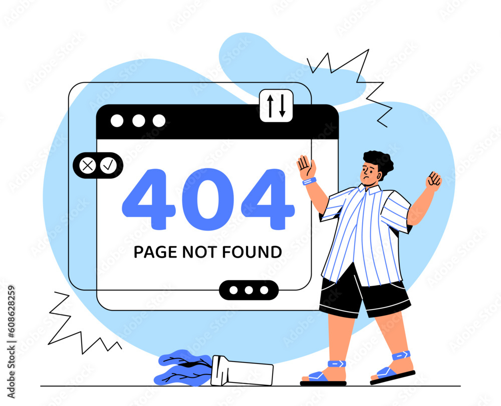 404 error page not found line concept. Man stands near browser window with numbers and error. Wrong site address, broken link and technical problems. Cartoon flat vector illustration