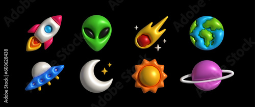 Inflatable Rocket. Inflated 3D element with the plasticine effect. Set shapes space rocket, alien, meteorite, planet, spaceship, moon, sun, saturn. Vector illustration