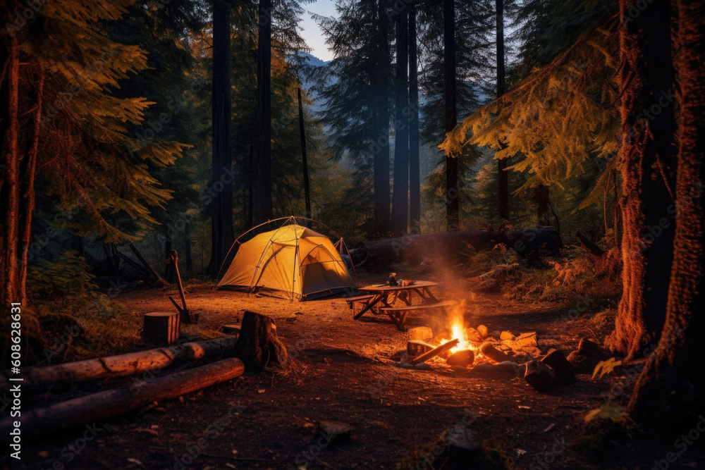 A campsite in the heart of a forest, surrounded by trees. The campfire in the background. Generative AI A campsite in the heart of a forest, surrounded by trees. The campfire in the background. Generative AI