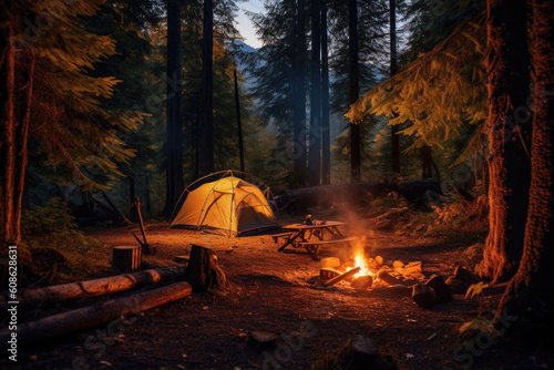 A campsite in the heart of a forest, surrounded by trees. The campfire in the background. Generative AI