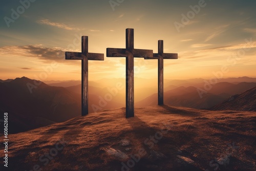 Tableau sur toile Three wooden crosses on hill at sunset background
