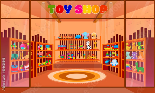 Toy shop with shelves. Showcases with colored dolls for children. Big set in store with educational games for toddlers, drum, cars, teddy bears, dinosaurs and giraffes. Cartoon vector illustration