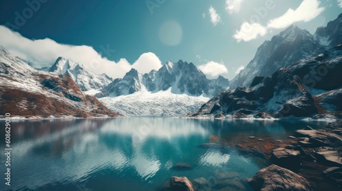 Incredible landscape of snowy mountains and clear blue lake. Generative AI. © Hanna
