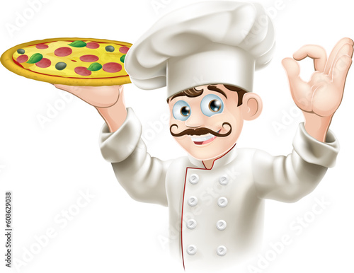 A happy cook from a pizzeria or Italian restaurant holding a pizza