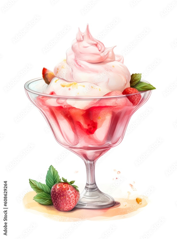 Strawberry ice cream in a glass saucer on white background in watercolor style. Generative AI. Strawberry ice cream in a glass saucer on white background in watercolor style. Generative AI.