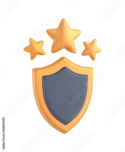 3d plasticine realism award icon. Golden shield, three stars for online games and arcades. Quality level rating. Colored voluminous winners prize. 3d vector illustration isolated on white background