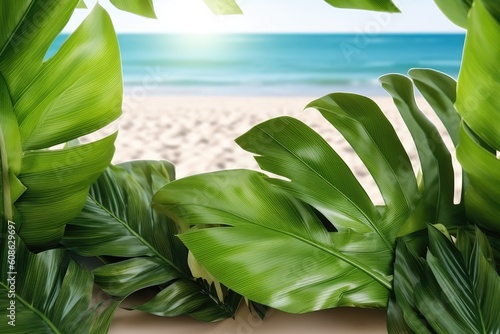 Summer background with green palm, monstera leaves on sand background. Beach texture. Copy space. Top view. Generative AI