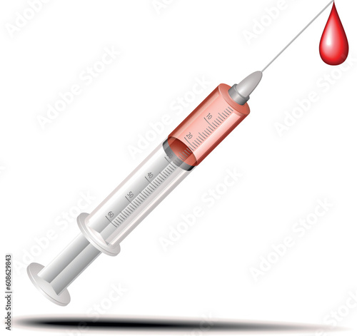 illustration of a syringe with red vaccine and blood drop