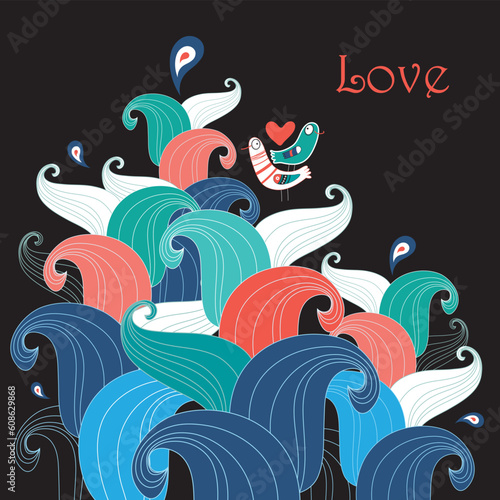 Bright floral background with birds in love on the black