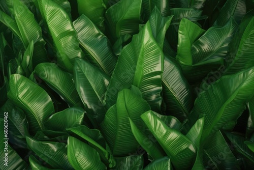 Tropical banana palm leaves texture. Exotic green background. Generative AI