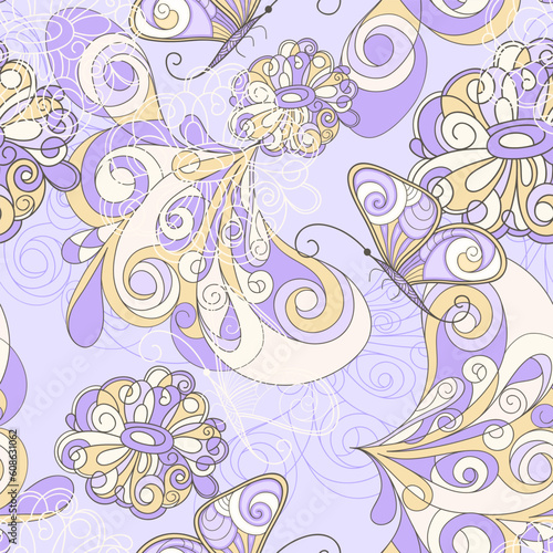 vector seamless pattern with butterflies and flowers, can be used as pattern, background, or wrapping paper photo