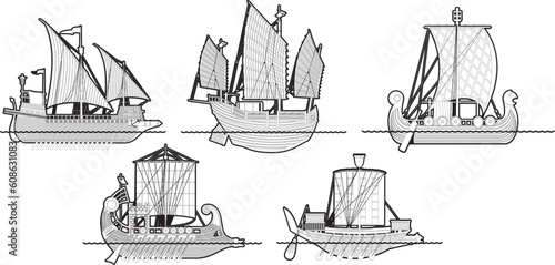 set of vector illustrations of sailing ships
