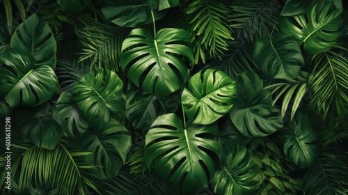 Creative tropical green leaves layout. Nature spring concept. Flat lay. Monstera and palm exotic leaves. Top view. Generative AI