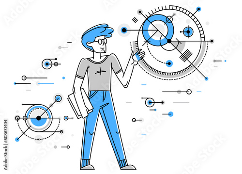Engineer working on a project, mechanic specialist doing his job on draft plan vector outline illustration, creative inventor, machine repair.