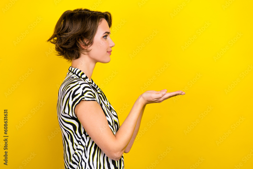 Profile portrait of adorable business lady hold open palms empty space novelty sale product offer isolated yellow color background Profile portrait of adorable business lady hold open palms empty space novelty sale product offer isolated yellow color background