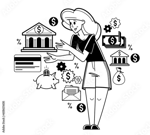 Banking vector outline illustration, manager girl working with finances or customer manages her account with deposit or credit, personal savings.