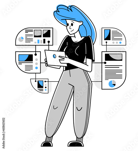 Intellectual worker woman making analysis of some data on pc or web, data systematization, collecting and analyzing information, vector outline illustration.