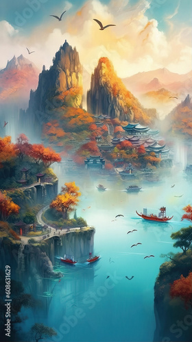Chinese landscape painting created with generative ai tecnology.