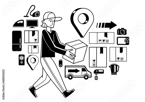 Delivery and logistics, manager is preparing boxes and parcels for fast and free delivery, courier using van, order and receive goods in online shop or market.