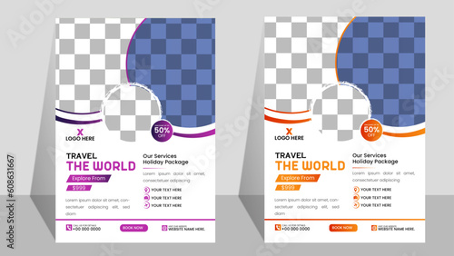 Travel poster or flyer pamphlet Flyer design layout space for photo background. Yellow Travel flyer template for travel agency.