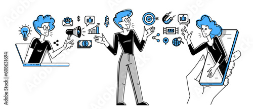 Marketing theme vector outline illustration, marketers team analyzing and creating plan and strategy, advertising business teamwork concept, reach a goal success.