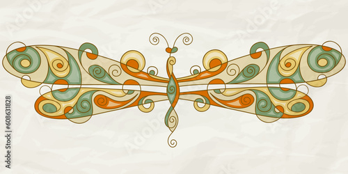 vector stylized dragonfly with detailed wings on crumpled paper texture, eps 10, mesh photo