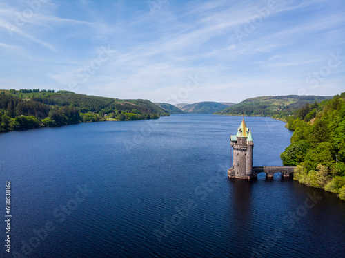 Lake Vyrnwy in Wales Aerial, sunny day, UK