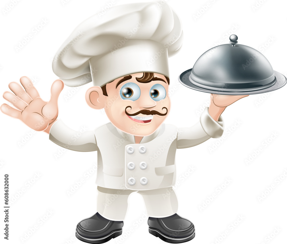 A cute French chef mascot with moustache holding a silver food platter and looking at viewer A cute French chef mascot with moustache holding a silver food platter and looking at viewer