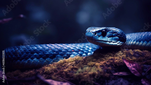 A photo of a majestic Blue Viper snake coiled up on a tree branch. Generative AI photo