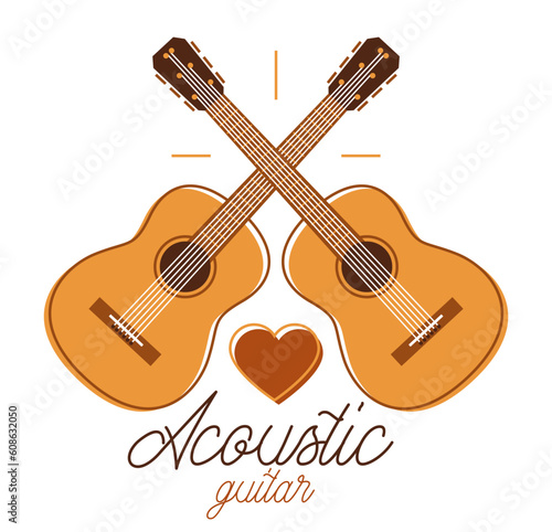 Acoustic guitar vector emblem for festival or concert or player isolated on white, live music theme, logo for musical recording label, instruments shop.