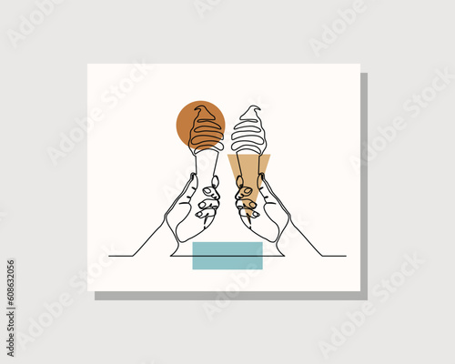 Continuous single one line drawing art of hand holding delicious ice cream cone vector illustration