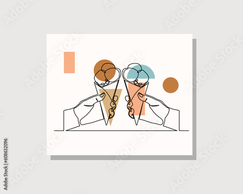 Continuous single one line drawing art of hand holding delicious ice cream cone vector illustration