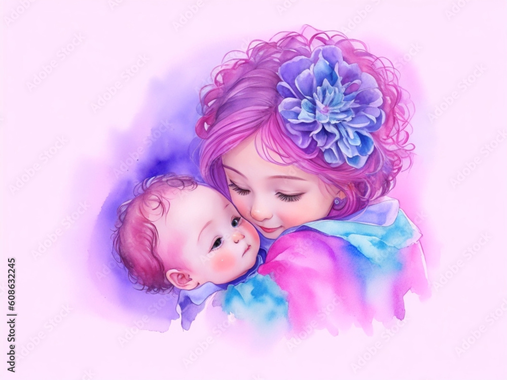 Fototapeta premium watercolor illustration cute baby girl with mother and generated by AI