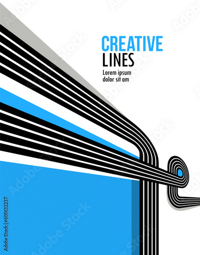 Creative lines vector abstract background, 3D perspective linear graphic design composition, stripes in dimensional rotation poster or banner.