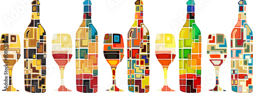 Abstract mosaic editable vector designs of wine bottles and glasses