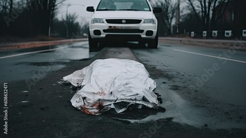 Dead body covered with bloody white tarp in front car on road, tragic car accident with victim, person was hit by car, inattentive car driver hit pedestrian, road traffic accident, generative AI